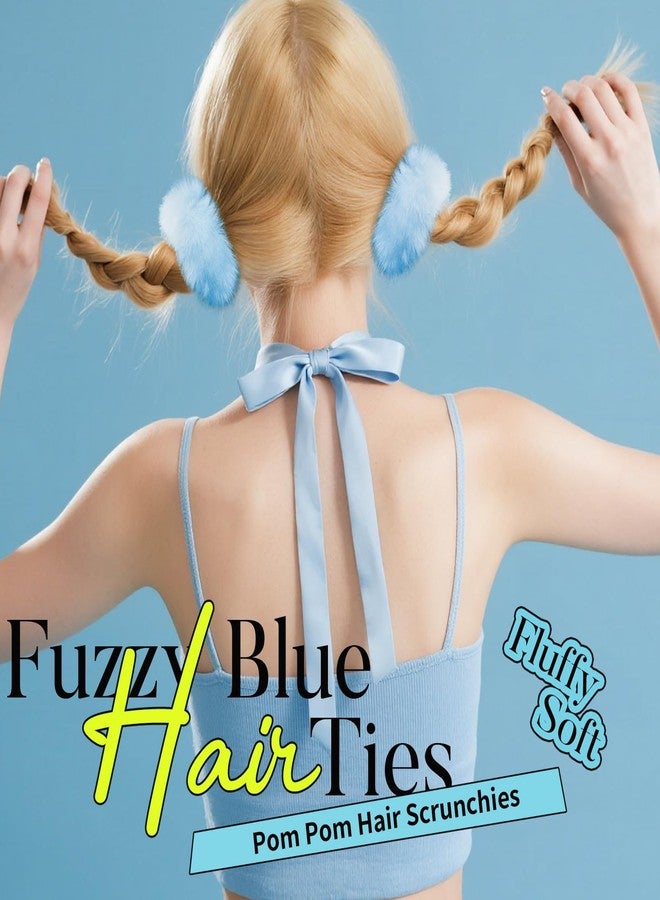 YGDZ 4PCS Blue Pom Pom Hair Ties, Furry Faux Rabbit Fur Light Blue Scrunchies, Hair Ties Ponytail Holders, Hair Accessories for Girls Women - Image 3